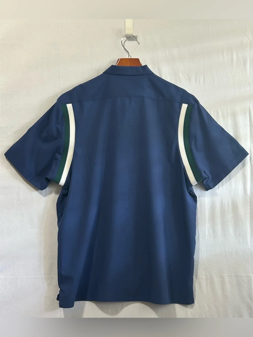 Murano - Navy Short-Sleeve Button-Down Shirt with White and Green Sleeve Stripes